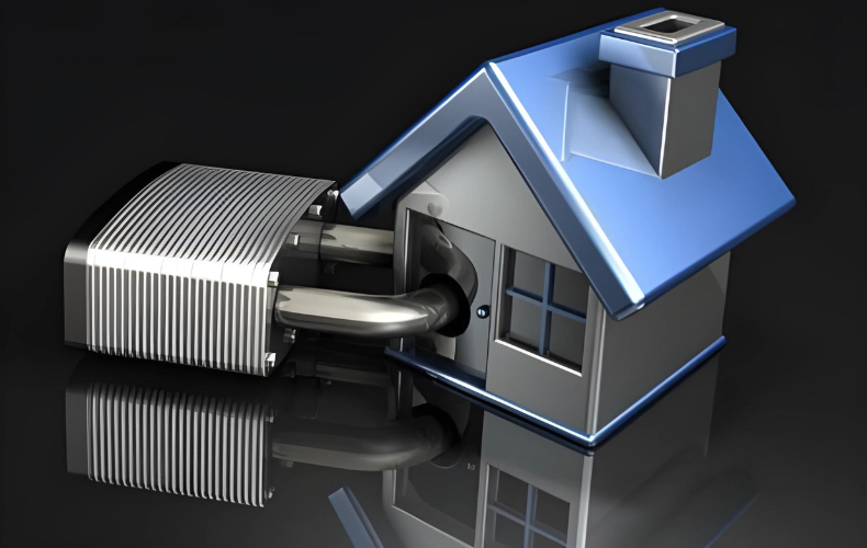 3D illustration of a simple house with a large chrome padlock securing a new door, emphasizing protection